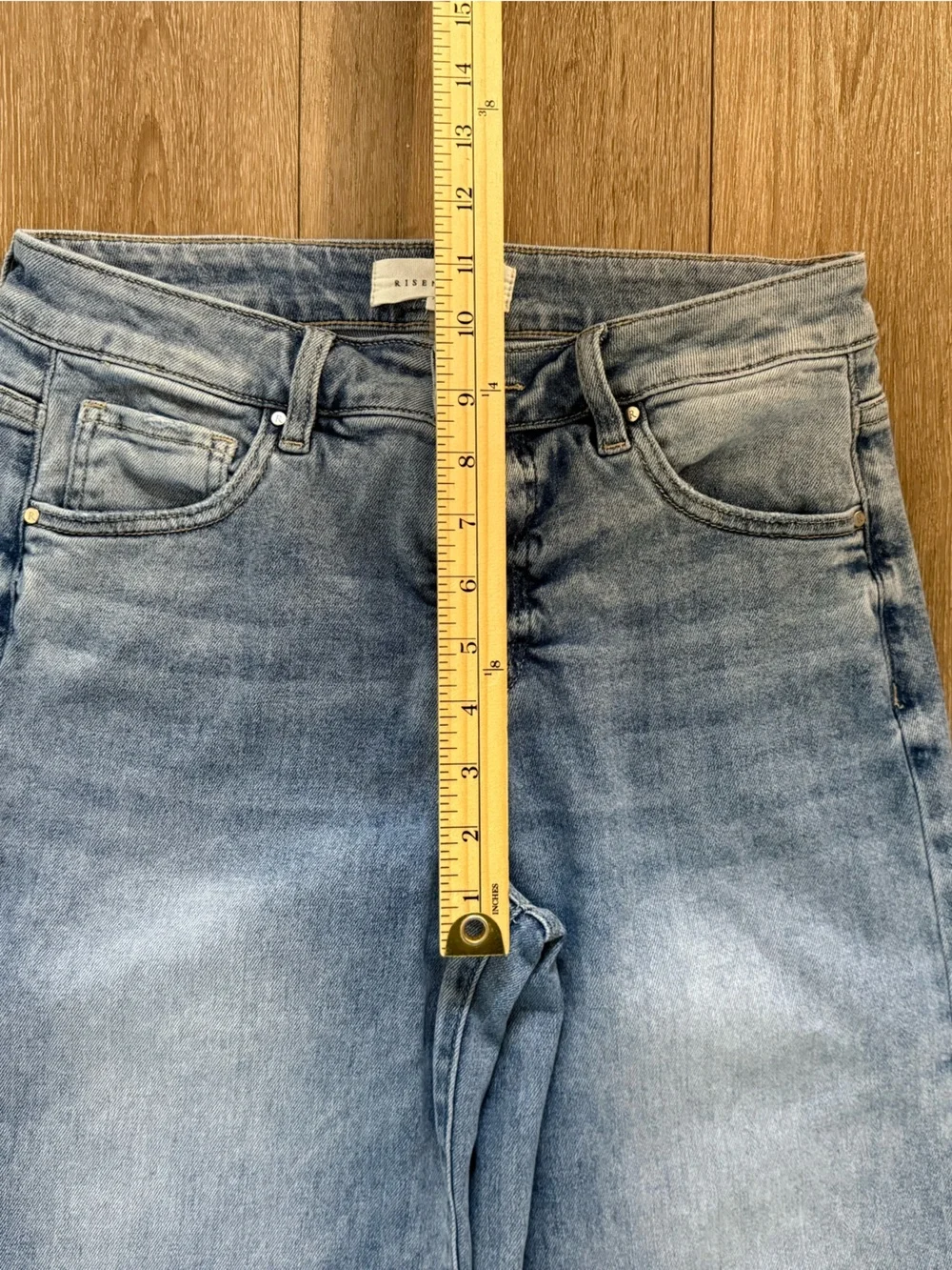Risen Wide Leg Frayed Hem Jeans in Light Blue - Picture 9 of 12